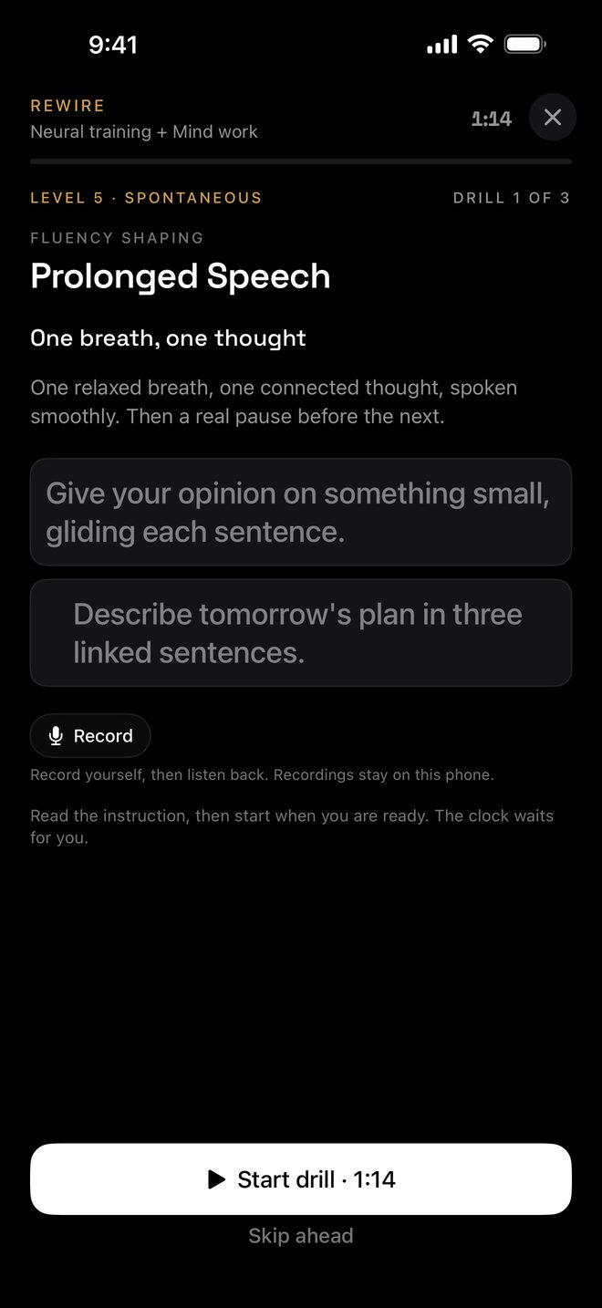 EloSpeak Rewire phase in dark mode: a Prolonged Speech drill, “One breath, one thought,” with two speaking prompts, a Record button and a Start drill button.